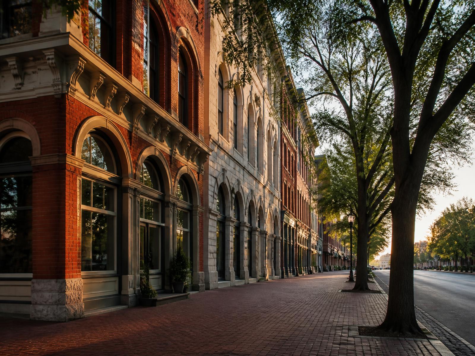 Historic brick and limestone storefronts along a tree-lined downtown street in Burlington, Iowa